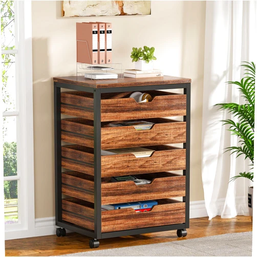 Tribesigns 5-Drawer File Cabinet, Wood Mobile Storage Drawer Unit, Industrial Office Cabinet with Drawers & Wheels, Rolling Printer Stand for Home Office (Rustic Brown)