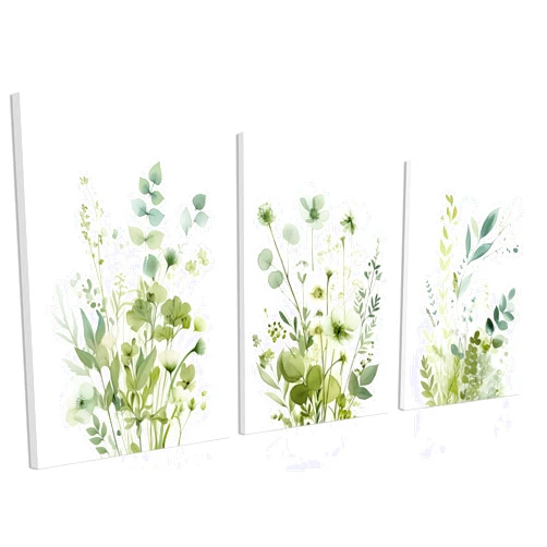 Kusag Boho Floral Canvas Wall Art Set of 3, Sage Green Wildflower Botanical Wall Decor Painting, Minimalist Watercolor Flowers Posters Prints for Bedroom Bathroom Living Room 12x16 In Framed