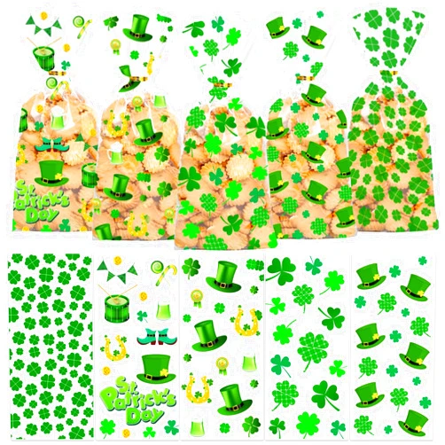 BIWONUI St. Patrick's Day Cellophane Treat Bags - 100PCS Saint Patricks Day Green Party Favor Bags with Twist Tie Plastic Bag for Candy Popcorn Cookies Snack Holiday Party Favor Supplies