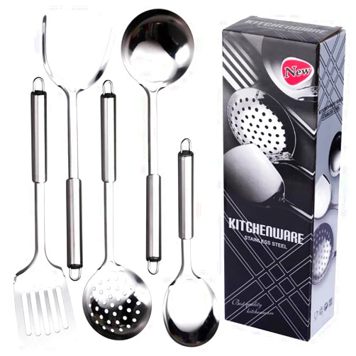 DYAYGPRGP Stainless Steel Cooking Utensils Set, 5 Pcs Stainless Steel Kitchen Utensils Set, Wok Utensils Set Include Wok Ladle, Slotted Spoon, Soup, Wok Spatula and Slotted Spatula