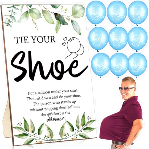 Roowest 51 Pcs Tie Your Shoe Baby Shower Game Sign Wooden Baby Shower Sign Greenery Baby Gift Sets Gender Reveal Party Favors 50 Balloons Baby Latex Balloons for Baby Shower Game Supplies (Blue, Leaf)