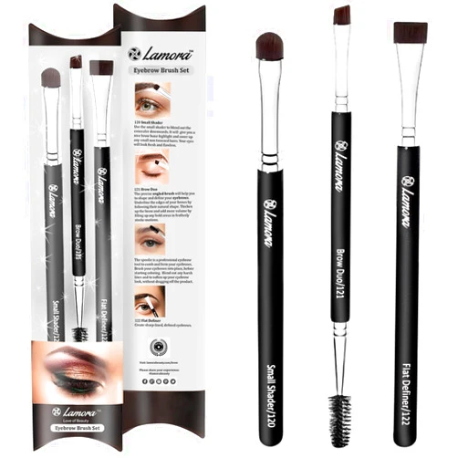 Lamora Eyebrow Brush - Duo Eye Brow Spoolie - Angled Eyeshadow Eyeliner - Precision Flat Definer - Small Shader - 3 Piece Makeup Brush Set - Cruelty Free Synthetic Bristles