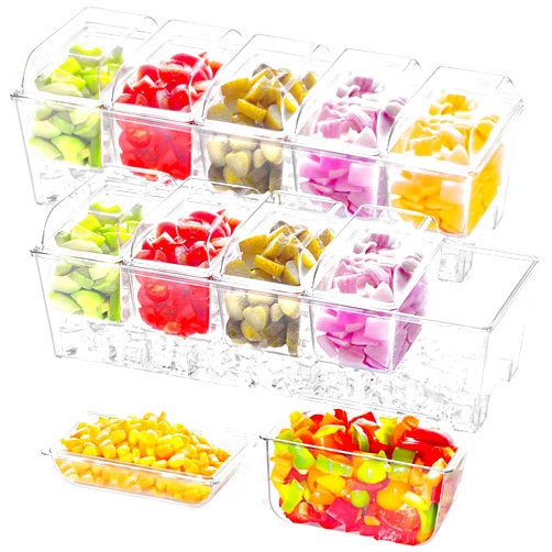 Lifewit 2 Pack Ice Chilled Condiment Caddy with 5 Containers(2.5 cup), Condiment Server with Separate Lids, Serving Tray Platter for Bar Accessories, Fruit, Salad, Taco, Party Garnish