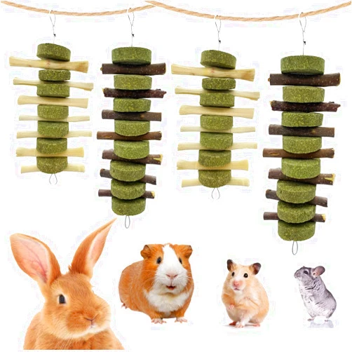 ROZJOVU Rabbit Guinea Pig Bunny Chew Toys for Teeth Grinding Cage Hanging Toy Organic Pet Treats for Bunny Chinchillas Hamsters(Sweet Bamboo+Apple Stick+Alfalfa Cakes) (4 PCS)