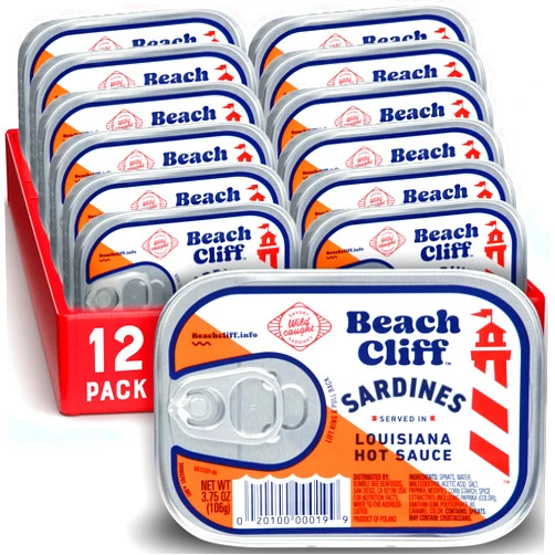 Beach Cliff Wild Caught Sardines in Louisiana Hot Sauce, 3.75 oz Can (Pack of 12) - 11gProtein per Serving - Gluten Free, Keto Friendly - Great for Pasta & Seafood Recipes