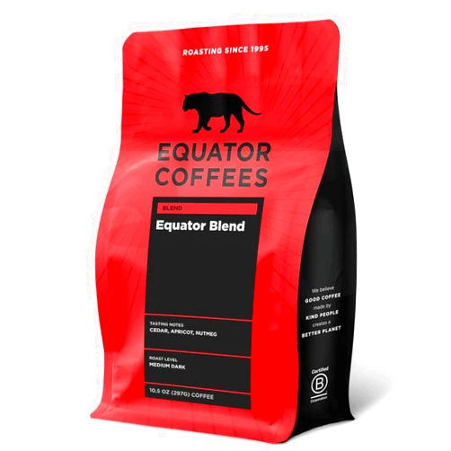 Equator Coffees & Teas Equator Coffees, Equator Blend Ground Coffee, Medium Dark Roast, Fresh Roasted, Smooth Chocolate & Nutmeg Flavor Notes, Sustainable, 10.5 oz Bag