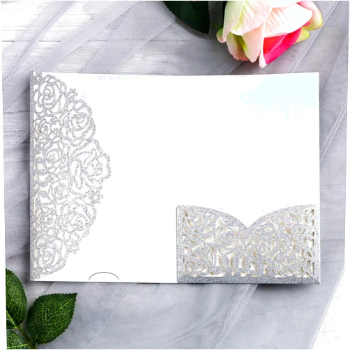 YIMIL 20 Pcs 5.12 x 7.21 inch Tri-fold Laser Cut Wedding Invitation Pocket for Wedding Quinceanera Bridal Shower Baby Shower Party Invite (Silver Glitter)