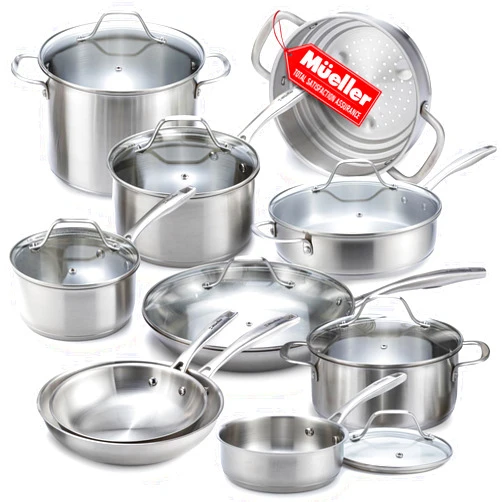 Mueller Pots and Pans Set 17-Piece, Ultra-Clad Pro Stainless Steel Cookware Set, Ergonomic EverCool Handle, Includes Saucepans, Skillets, Dutch Oven, Stockpot, Steamer More