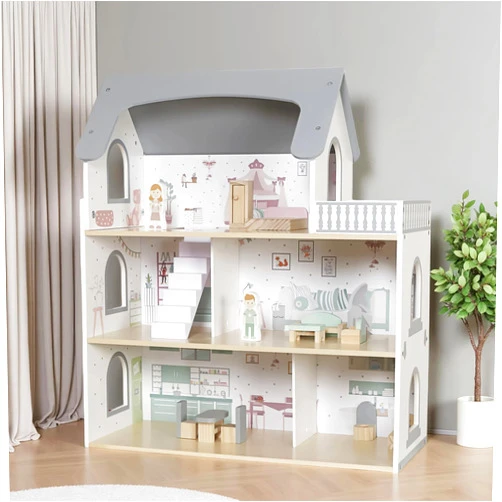 Touch us Wooden Dream Playhouse for Girls with Balcony,Doll House for Kids with Furniture,DIY Pretend Play House Toy, Children Dollhouses Toys with 12 PCS Accessories,Birthday Gifts for Boys Girls Ages 3+