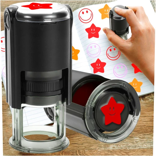Idealiveny Self Inking Emoji-Stamps for Teachers Round Self-inkng Stamps for Classroom Grading Happy Face Stampers for Teacher Supplies Smiley Face Rubber Teacher Stamps (Happy Star-Red)