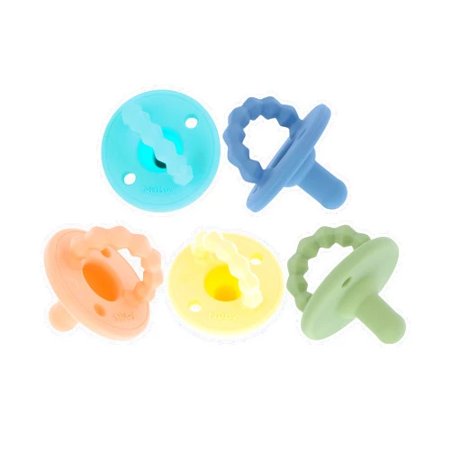 Nuby Silicone Softees Pacifier and Teethers - (5-Pack) Silicone Baby Pacifiers and Teethers - 0+ Months - Assorted Colors