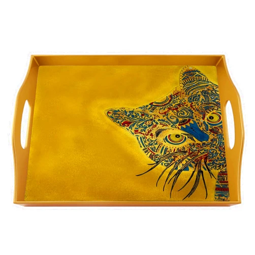Ducoteduparc Coffee tray - Hippie Cat - Rectangular Hand Painted Glass Tray with Gold Aluminium Frame