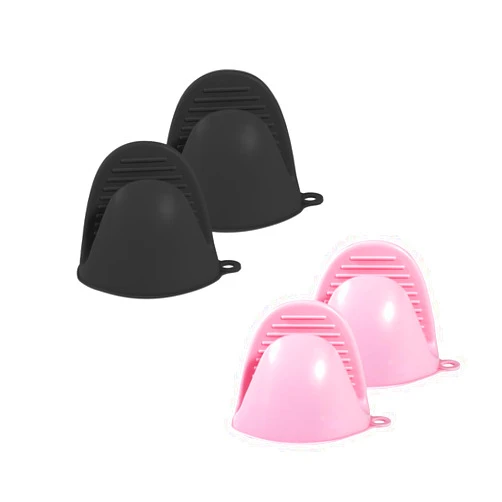 Maocufan Compact Silicone Oven Mitts - Heat Resistant Mini Gloves for Cooking & Kitchen, Easy to Store (Black+Pink)