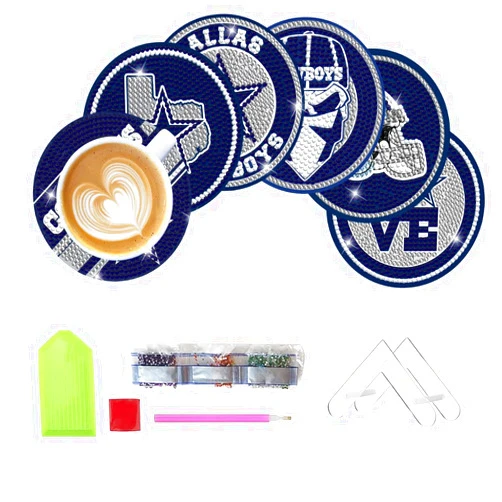 Aimeryup 6 Pcs Diamond Paintings Coasters Kits with Holder, DIY Football Diamond Art Coasters for Adults Kids, Diamond Dot Kits for Dallas Craft Gifts