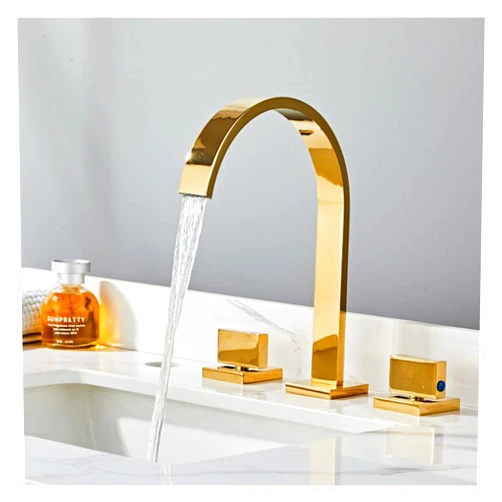 FJYDM Tuqiu Basin Faucets Gold Square Bathroom Sink Faucet Widespread 3 Hole Grey Bathroom Basin Mixer Brushed Gold Faucet Black