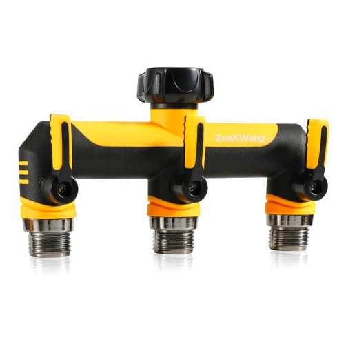 ZaakWang Full Flow Heavy Duty 3 Way Hose Splitter, Rugged Garden Faucet Adapter, Spout Diverter T - Way Adapter with Extended Handle, 3/4” GHT Thread, Yellow