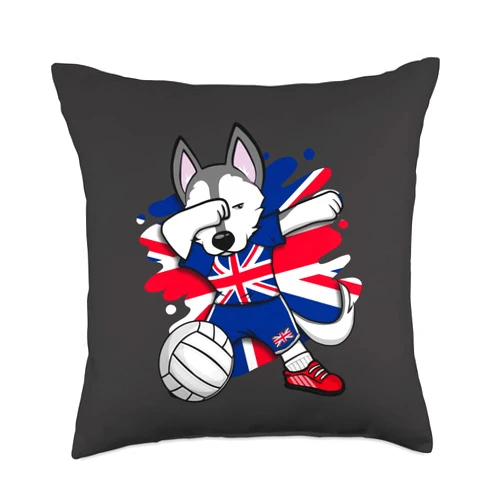 Teeisle United Kingdom Volleyball Dabbing Husky United Kingdom Volleyball Fans Jersey UK Flag Throw Pillow, 18x18, Multicolor