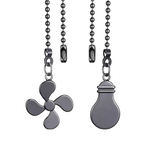 Dotlite 2Pack Metal Fan Light Pull Chains,3mm Diameter Beaded Decorative Ceiling Fan Pull Chain Pendant Extension,12in Fan and Bulb Shape Ornaments Cord Extender for Ceiling Fan Lamp,Black