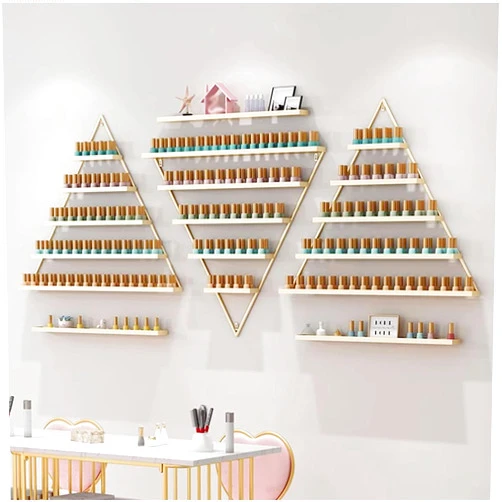 LXSEHN Metal Wall Mounted Nail Polish Rack, 6 Sets Triangular Cosmetic Display Racks, Essential Oil Bottles Shelf Organizer, Gold Storage Lipstick Perfume Holder for Spa Nail Salon Shop Home