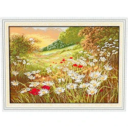 Joyautum Beautiful red Flowers Landscape Counted Cross Stitch Cross Stitch DIY 14CT Cross-Stitch Kit Handmade Embroidery Needlework (14ct Blank Fabric)