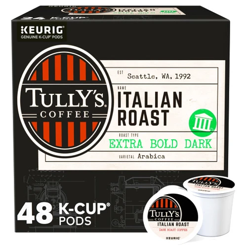 Tully's Coffee, Italian Roast, Single-Serve Keurig K-Cup Pods, Dark Roast Coffee, 48 Count (2 Boxes of 24 Pods)