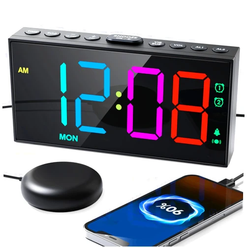Roxicosly RGB Display Vibrating Alarm Clock with Bed Shaker for Heavy Sleepers Adults, 7-Level Dimmer, Dual Alarms with Weekday & Weekend Mode, Large Digits, Snooze, USB Charger, Battery Backup