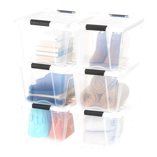 IRIS USA 32 Qt Stackable Plastic Storage Bins with Lids, 6 Pack - BPA-Free, Made in USA - See-Through Organizing Solution, Latches, Durable Nestable Containers, Secure Pull Handle - Clear