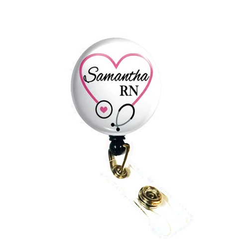Wigspedia Retractable Badge Reel - Cute Pink Heart Steth - Personalized Name - Badge Holder/RN/LPN/RT/Nurse Gift/Student Nurse (Belt/Slide Clip)