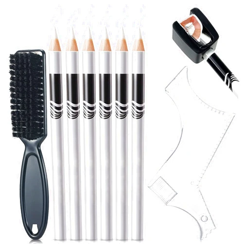 NewBang 8 Pieces White Barber Pencil Set Edge Hairline Razor Trace Pencils Beard Guide Beard Hairline Outliner and Beard Shaping Pencils(6pcs Barber Pencils with Built-in Sharpener,Brush and Ruler)