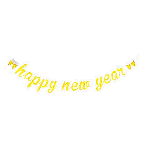 Cadpkler Happy New Year Banner - Gold Glitter Happy New Year Banner with Champagne Glass Logo - Sparkling Happy New Year Banner New Year Decoration Supplies