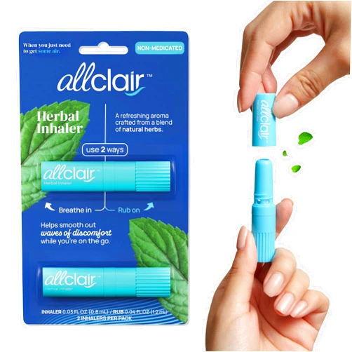 Allclair Nausea Relief Inhaler - All-Natural Remedy for Motion Sickness, Morning Sickness, Stress, and Queasiness - Fast-Acting, Drug-Free, Non-Drowsy & Portable Travel Essential - Pack of 2 Inhalers