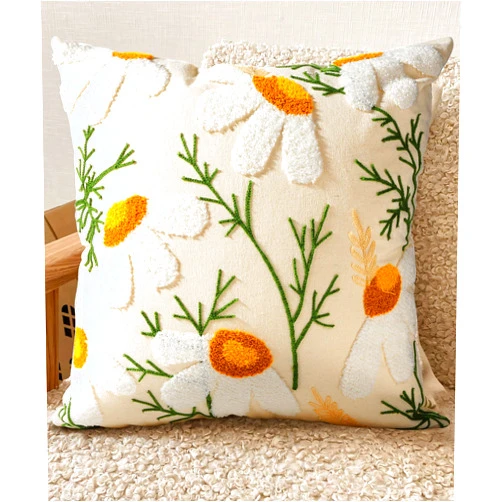 Kokaaee Embroidered Throw Pillow Cover - 18x18 Outdoor Decorative Pillow Covers with Zipper for Couch Sofa Bedroom Aesthetic White Daisy Soft Cozy Cotton Pillowcase Covers with Patterned