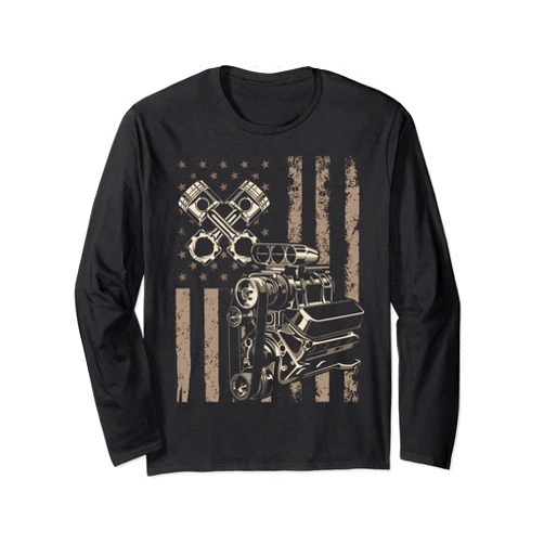 Vintage American Flag Piston Patriotic Auto Mechan American Flag Piston Muscle Car for Patriotic Auto Mechanics Long Sleeve T-Shirt