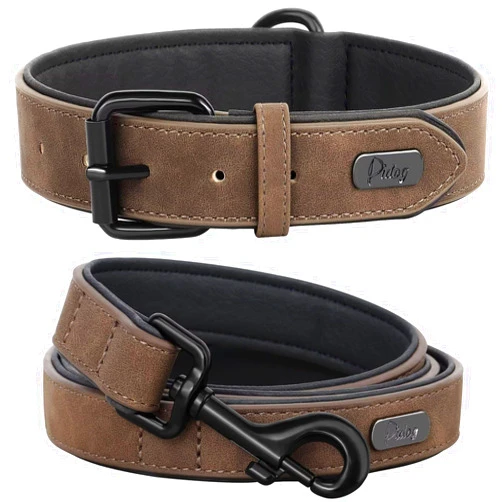 Didog Soft Padded Leather Dog Collar and Leash Set, Heavy Duty Dog Leash and Collar Set with Metal Buckle, Breathable Dog Collars with 4FT Leather Dog Leash for Small MediumDogs, Brown, M