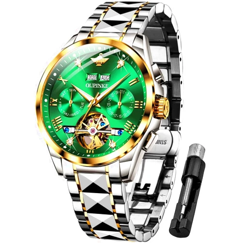 OUPINKE Mens Watches Automatic Skeleton Tourbillon Self Winding Luxury Sapphire Crystal Business Dress Wristwatch