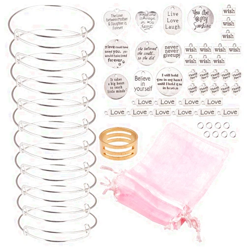 SUNNYCLUE 10PCS Expandable Wire Charm Bracelet 2.6inch(65mm) Blank Adjustable Bangle Silver with Mixed Word Charm Pendant Jump Rings Opener Gift Bags for DIY Jewelry Making