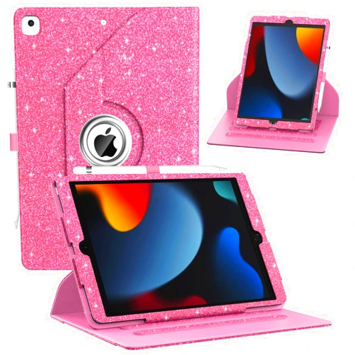 ZoneFoker Case for iPad 9th/ 8th/ 7th Generation, iPad 10.2 inch Case 2021/2020/2019, 360 Degree Rotating Stand, iPad 9 8 7 Gen 10.2'' Leather Cover with Pocket Design & Pencil Holder, Glitter Pink