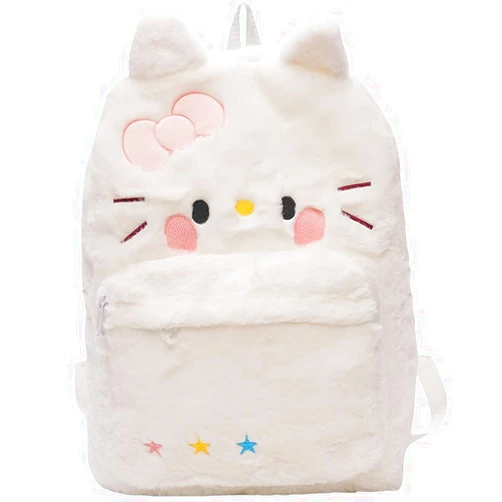 HOKMAH Kawaii Fuzzy Backpack Daypack, Cute Y2K Fluffy Animals Design Chic Cartoon Furry Daypack Bookbag Daily Shoulder Bag (White Kitty)
