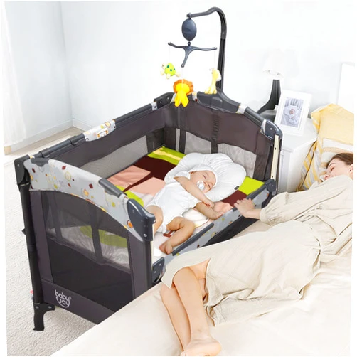 BABY JOY 4 in 1 Pack and Play, Baby Bedside Sleeper with Bassinet, 3 Adjustable Heights, Music Box, Easy to Install, Foldable Bedside Crib w/Changing Table, Playards from Newborn to Toddlers
