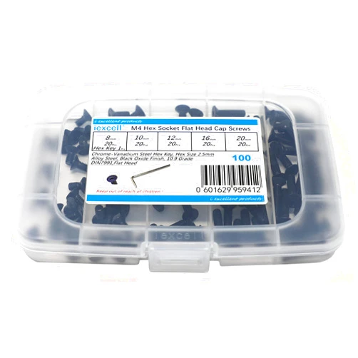 iExcell 100 Pcs M4 x 8/10/12/16/20 mm Alloy Steel 10.9 Grade Hex Socket Flat Head Cap Screws Bolts Assortment Kit, Black Oxide Finish