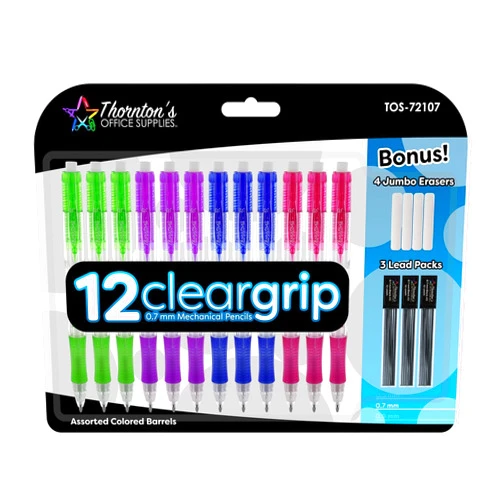 Thornton's Office Supplies ClearGrip Mechanical Pencil Starter Set 0.7mm Assorted Colors Pack of 12 for Smooth writing