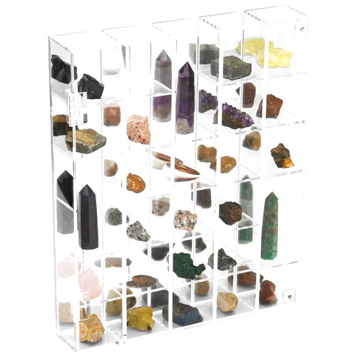 FireOrange Adjustable Rock Display Case Clear Acrylic Collection Box with Mirrored Arrowhead Stones Storage Display Case Mineral Crystal Collectibles Holder Organizer Showcase Shelves with Lid