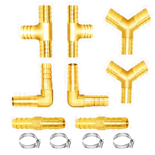 Joywayus 8PCS Brass Hose Barb Set,90 Degree L Right Angle Elbow, Y-Shape Air Hose Barb, Tee Hose Barb, Fuel/AIR/Water/Oil/Gas (1/4