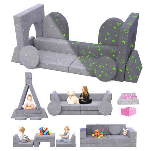 BIERUM Kids Couch, 12PCS Modular Kids Play Couch with Blanket, Kids Sofa Couch with Glow Effects for Playroom & Indoor, Convertible Toddler Couch for Girls and Boys