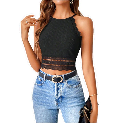SweatyRocks Women's Floral Lace Slim Fit Crop Halter Top Sleeveless Cami Tank Tops