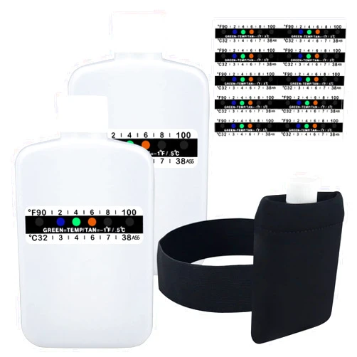 KEVTVEK 14 Pcs Urine Test Complete Kit Includes 2 Translucent Portable Travel Empty Bottles, 10 Adhesive Temperature Test Strips, Neoprene Bag and Hi-Stretch Hidden Leg Straps