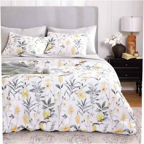 Wake In Cloud - Floral Comforter Set, Cottagecore Aesthetic Botanical Flower and Tree Leaves, Soft Lightweight Bedding for Women Teen Girls, 3 Pieces, Yellow Gray, Queen Size
