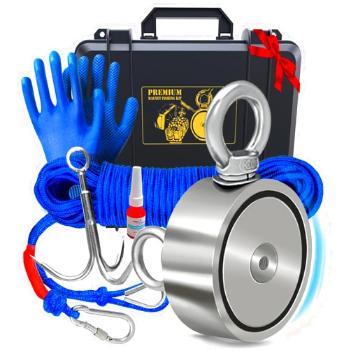 Logui Projects 1200 LB Magnet Fishing Kit with Case - 2 Fishing Magnets in 1 (Double Sided Magnet) - with Grappling Hook, Heavy Duty 65FT Rope, Gloves, Carabiner, Foldable Bucket - Fishing Magnet Kit