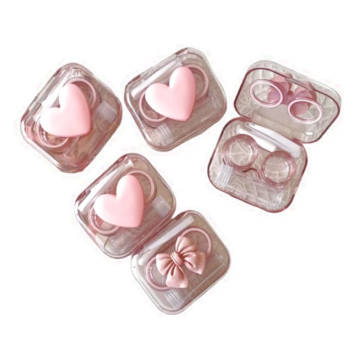 BEDARTIST 4 Pack 3D Design Cute Contact Lens Cases, Travel Eye Contacts Case Box Holder, Contact Lenses Tweezers Remover Tool Solution Bottle Kit for Daily Outdoor (3D Hearts + 3D Bows, Pink)