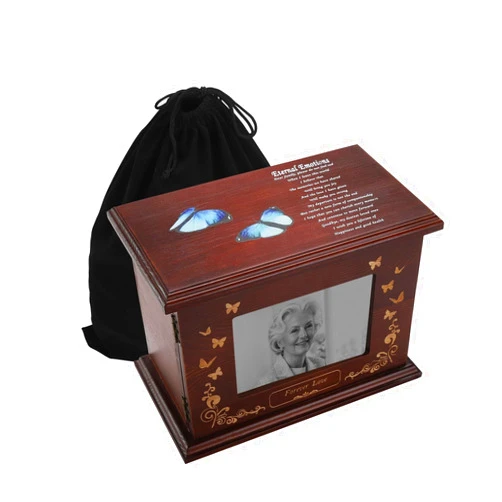 BZVlemon Cremation Urns for Human Ashes, Wooden Urns Box with Picture Frame, Funeral Memorial Urns for Adult Male Female, Decorative Urn Burial Urn with Velvet Bag, Holds Up to 200 LBS (Walnut-Butterfly)
